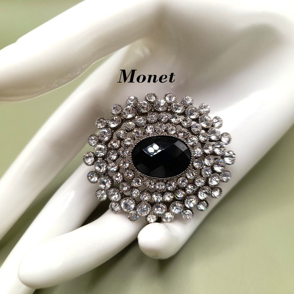 Vintage Monet Black Center Rhinestone Brooch Oval Silver Tone Signed